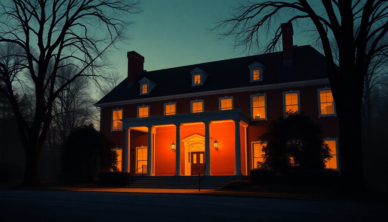 A serene, nostalgic painting of the grand, stately exterior of the Drumthwacket mansion in Princeton, New Jersey, with the building bathed in warm, golden sunlight and deep shadows, capturing the timeless elegance of this historic governor's residence.