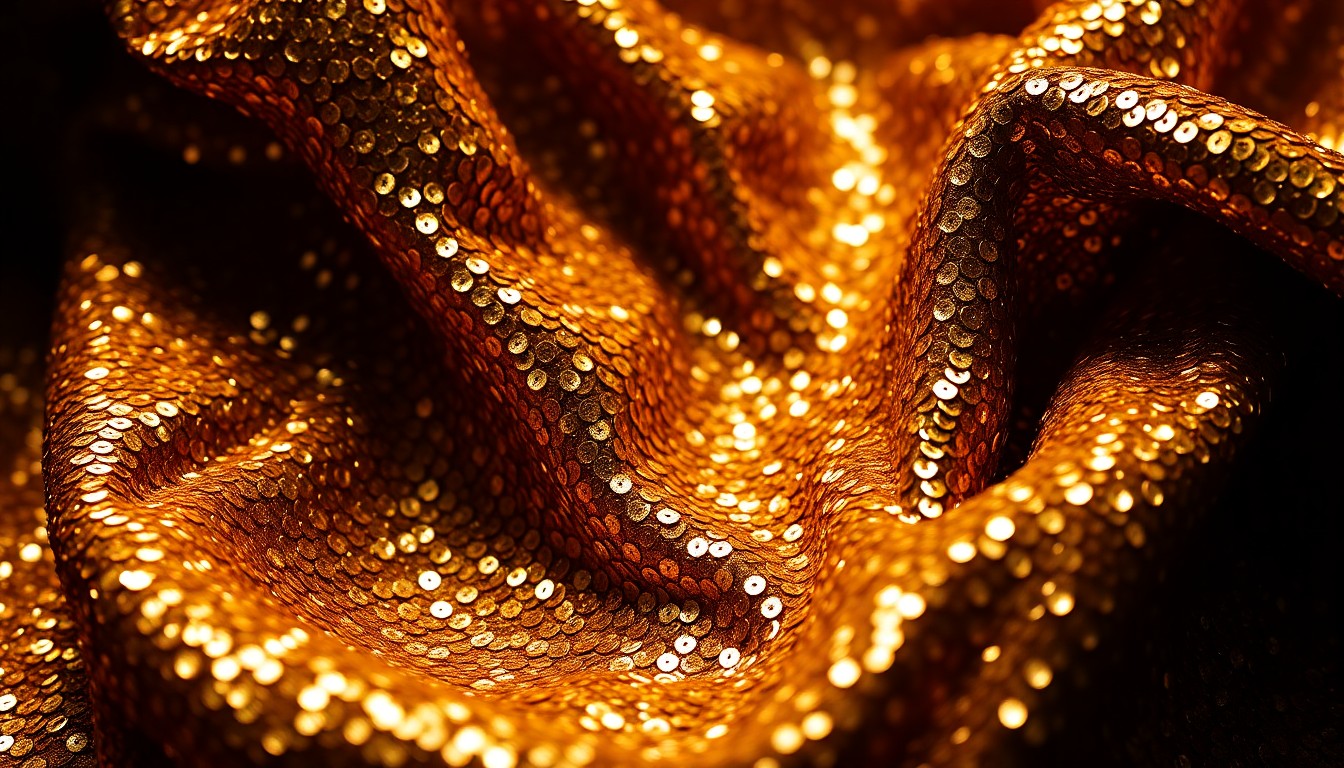 An extreme close-up photograph of a crumpled, glittering gold sequin fabric, shot in dramatic high-contrast studio lighting to create a luxurious, high-fashion aesthetic.