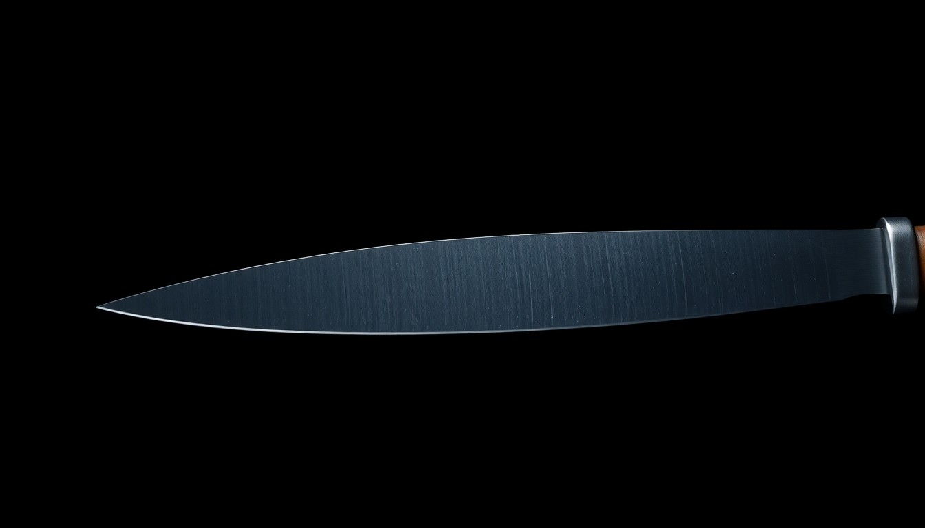An extreme close-up of a knife blade against a stark black background, dramatically lit by a harsh camera flash to create a gritty, investigative aesthetic without showing any actual violence.