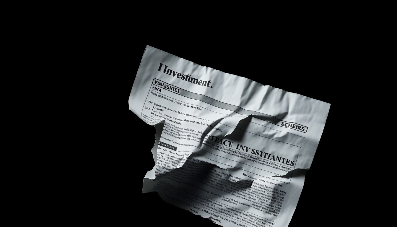 An extreme close-up photograph of a crumpled, torn investment statement lit by a harsh, direct camera flash against a pitch-black background, conceptually representing the gritty details of a financial fraud scheme.