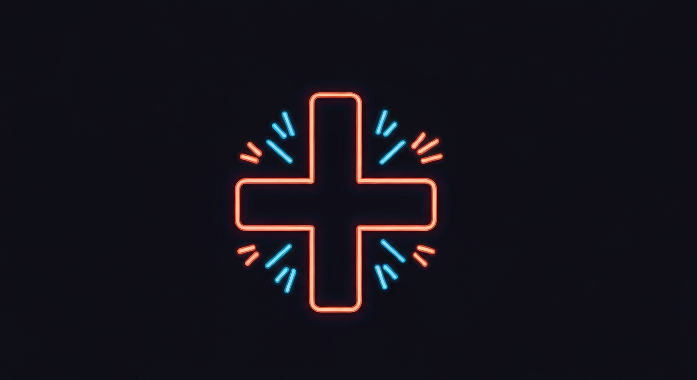A glowing, neon outline of a simplified medical symbol or icon against a dark background, conceptually representing innovation and community-focused healthcare services.