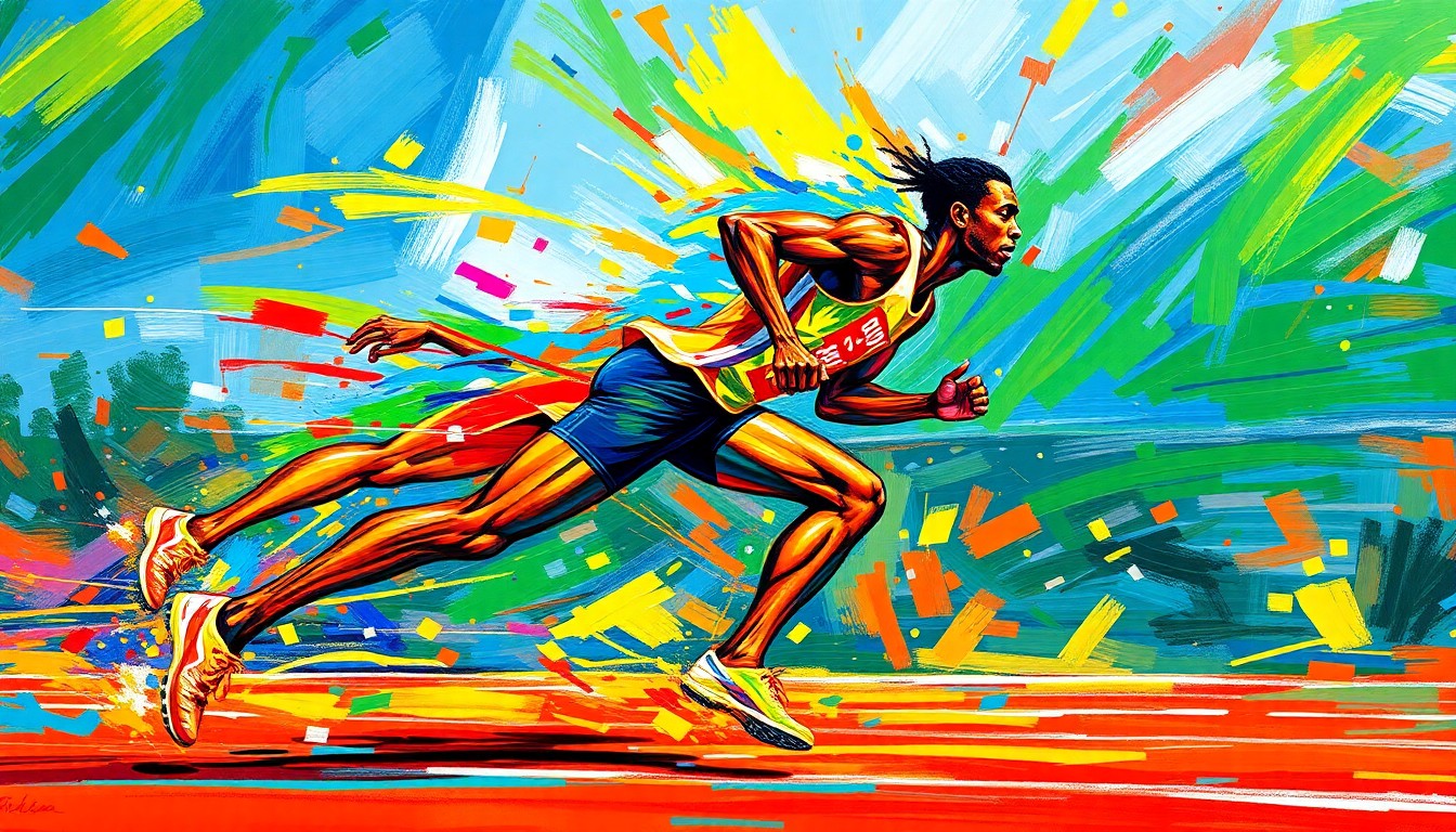 An abstract, energetic painting using bold, neon-like brushstrokes to depict the dynamic motion of a track and field athlete in competition.