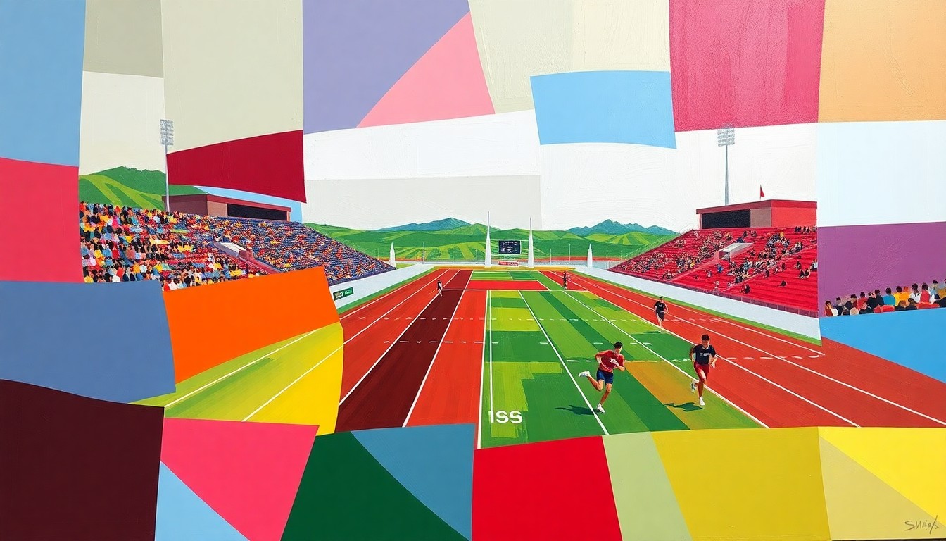 A cubist, geometric painting depicting a fragmented, multi-angled view of a university track and field competition, using the official school colors to represent the Coyotes' academic and athletic excellence.