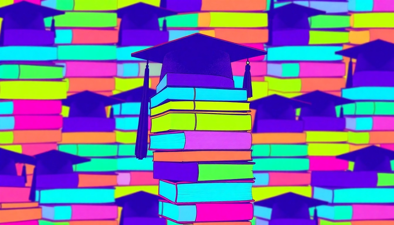 A bold, colorful silkscreen print featuring a repeating pattern of college textbooks and a graduation cap, conceptually representing the academic and career-focused themes of the Student Career Conference.
