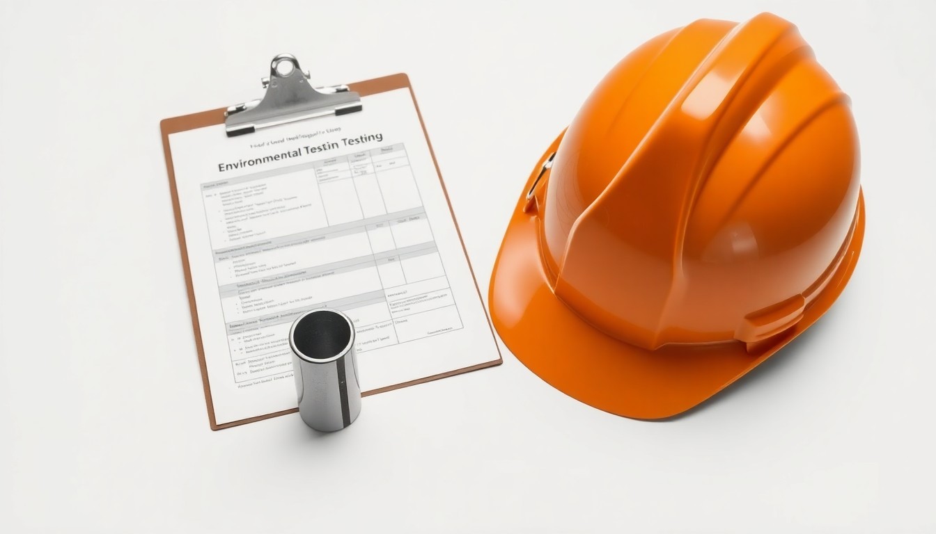 A high-end, photorealistic studio still-life photograph featuring a polished metal soil core sample cylinder, a clipboard with environmental testing documents, and a hardhat on a clean white background, conceptually representing the environmental investigation work happening at the site of a proposed apartment complex.