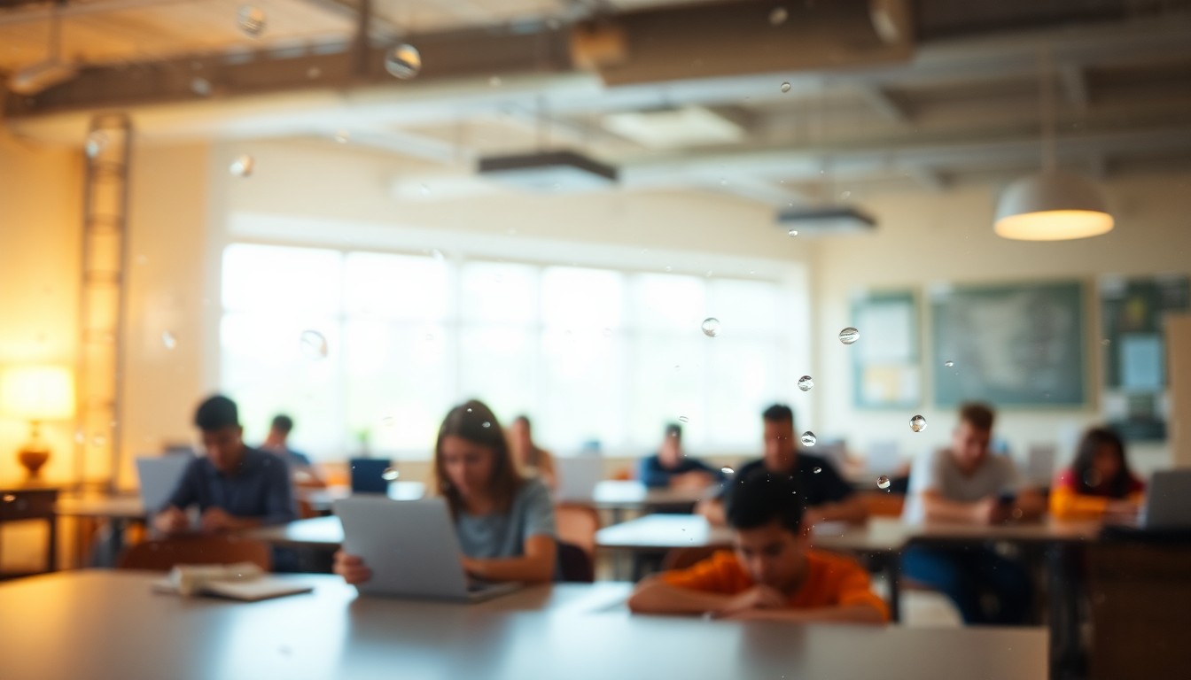 An abstract, impressionistic scene of blurred, warm-toned images depicting students learning in various home and classroom settings, conveying the flexible and hybrid nature of Amarillo ISD's new virtual education program.