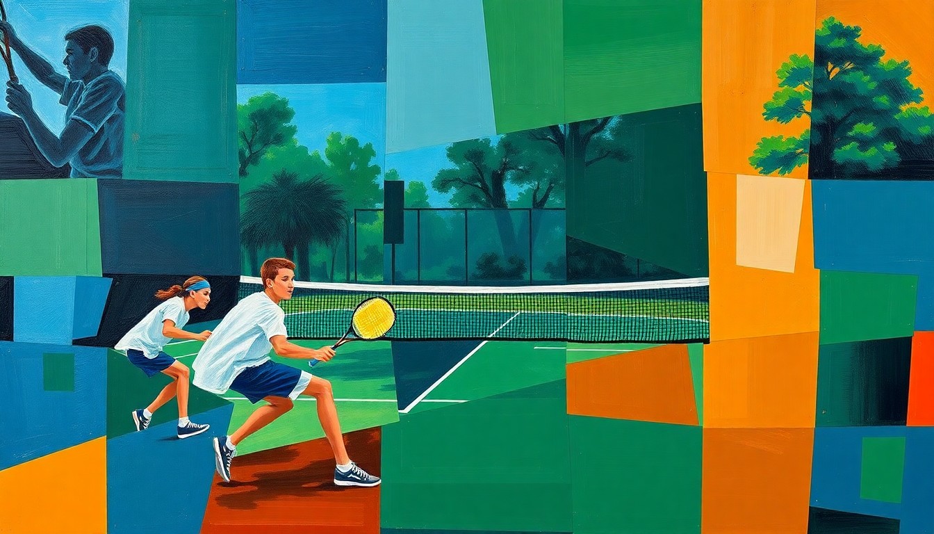 A cubist, geometric painting depicting a high school tennis match, with overlapping planes of deep blue, forest green, and burnt orange conveying the dynamic energy of the sport.