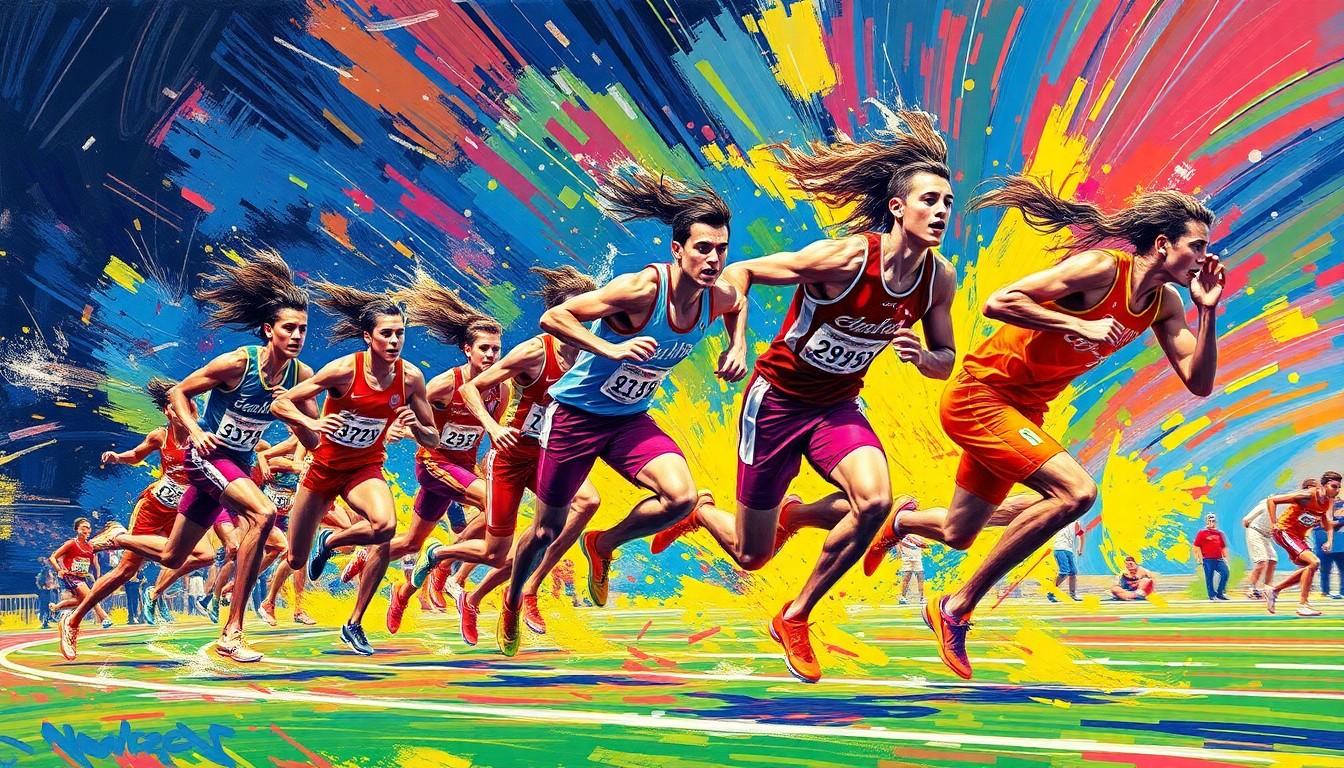 An abstract, energetic painting in neon colors depicting the dynamic movements and raw athleticism of high school track and field competitors.