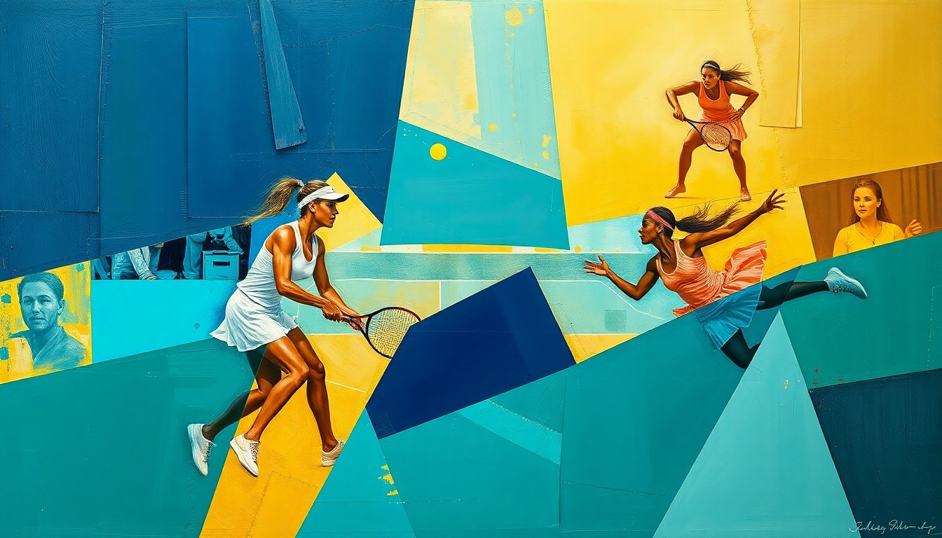 A fragmented, geometric painting in navy, teal, and gold hues, depicting the overlapping perspectives and rapid motions of a women's tennis match.