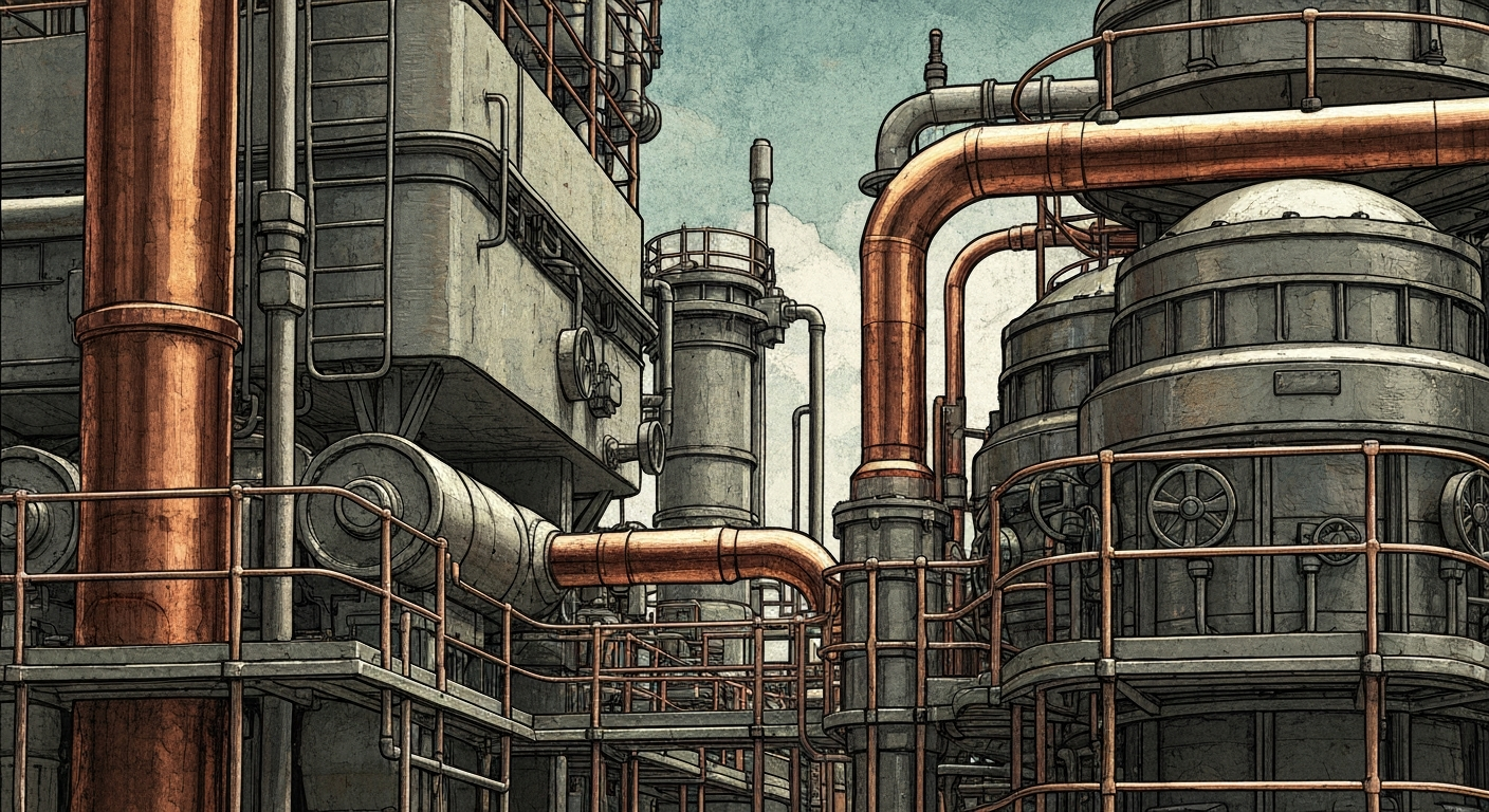 An extreme close-up of heavy, industrial machinery and equipment in muted tones, conceptually representing the financial infrastructure and institutional power of large multi-sector corporations.