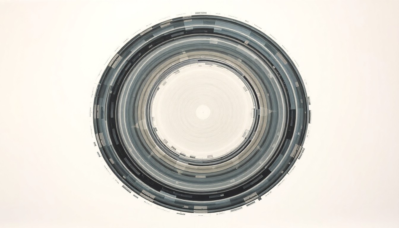 A bold, abstract painting in soft blues, greens, and grays depicting the sweeping, geometric trajectory of the Artemis II spacecraft as it orbits the moon, conveying the precision and grandeur of this milestone mission.