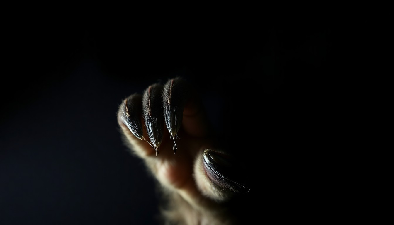An extreme close-up photograph of a crushed monkey's paw against a pitch-black background, conveying a stark, gritty, and investigative aesthetic without depicting actual violence.