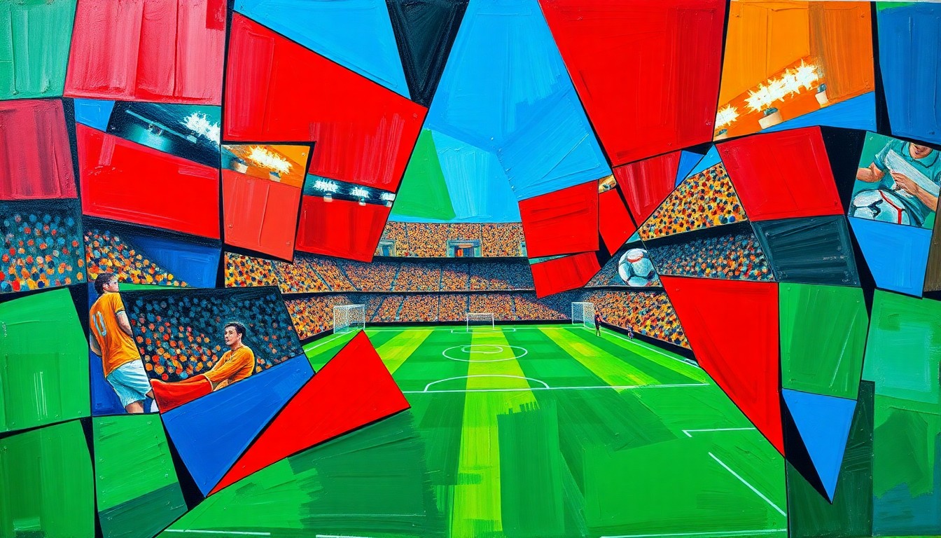 A fragmented, cubist-style painting depicting a soccer match or stadium scene, with sharp geometric shapes and planes in vibrant colors like red, blue, and green, conveying the conceptual challenges of hosting the 2026 World Cup with lower-than-expected international participation.