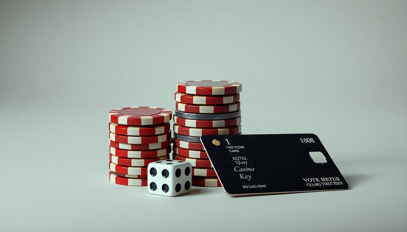 A high-end studio still life photograph featuring a stack of casino chips, a pair of dice, and a hotel room key card arranged elegantly on a clean, monochromatic background, symbolizing the luxury and entertainment of the Las Vegas resort industry.