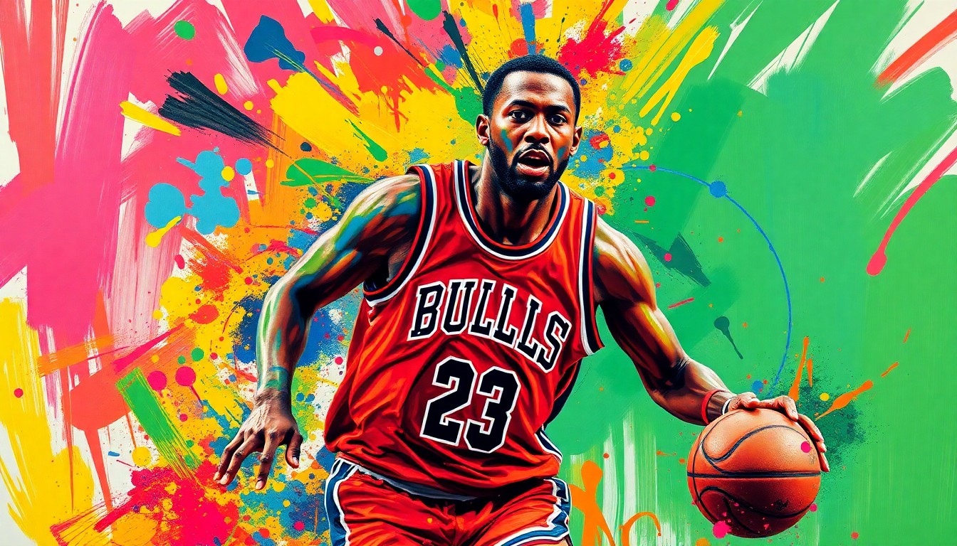 An abstract expressionist painting using vibrant neon colors and rapid brushstrokes to capture the raw energy and movement of a basketball player, with the player's features dissolving into unrecognizable splatters of paint.