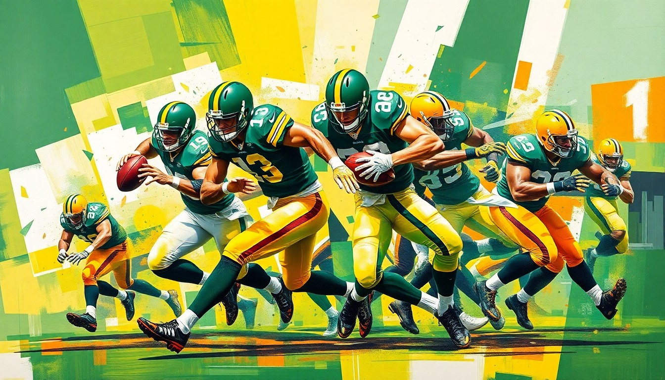 A fragmented, cubist-style painting depicting the explosive motion and energy of a football pass rush, with sharp geometric shapes and planes in vibrant green, yellow, and orange hues.