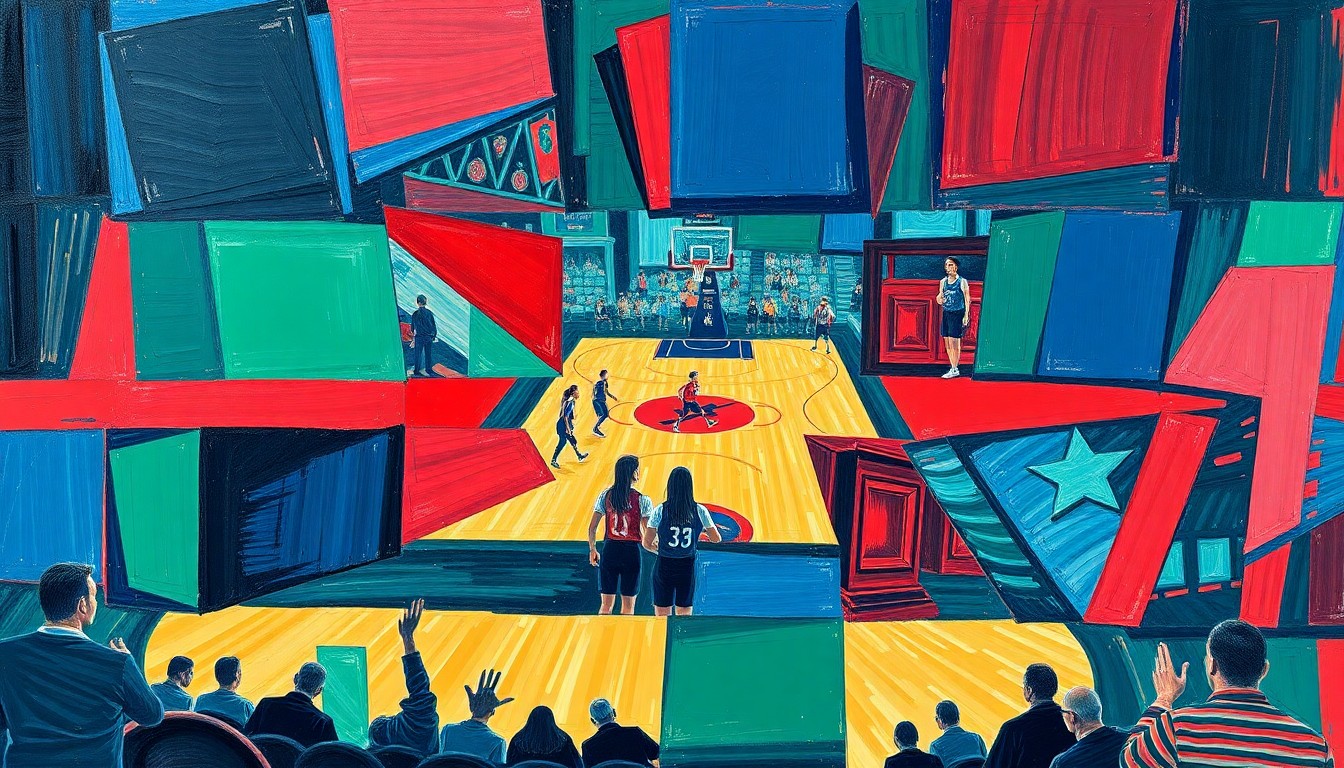 A cubist, geometric painting depicting a fragmented WNBA basketball game, with sharp planes of navy, green, and red overlapping to create a sense of motion and energy.