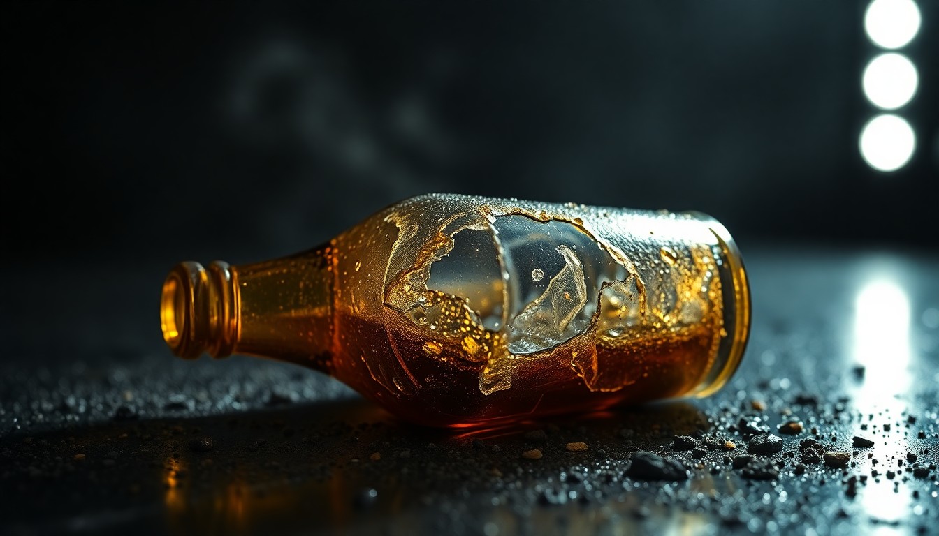 An extreme close-up photograph of a shattered beer bottle on a dark, gritty surface, lit by a harsh camera flash, conceptually representing the crackdown on rowdy spring break behavior in Alabama coastal communities.