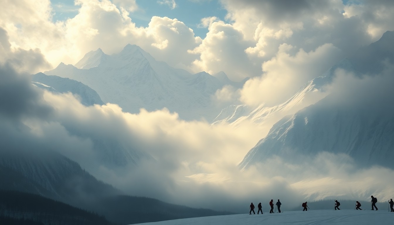A sweeping, atmospheric landscape painting in muted tones of white, gray, and blue, depicting a snow-covered mountain range obscured by heavy fog and dramatic lighting, with a small group of skiers dwarfed by the overwhelming scale of the natural environment.