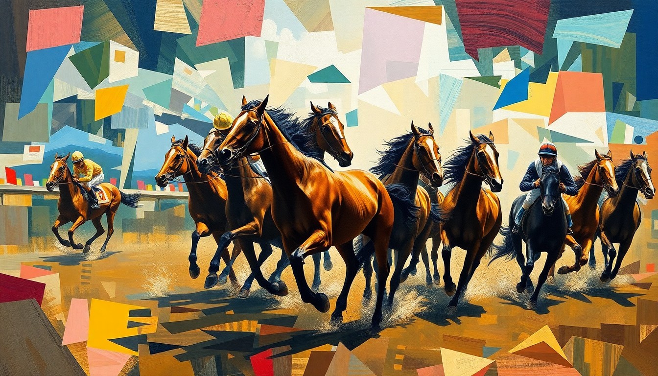 A dynamic, cubist-style painting depicting the motion and energy of a horse race, with the horses and jockeys fragmented into overlapping geometric shapes and planes of bright, vibrant colors.