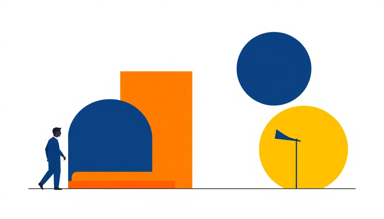 A composition of overlapping triangles and circles in shades of blue, red, and yellow, conceptually representing economic data and trends without literal depictions.