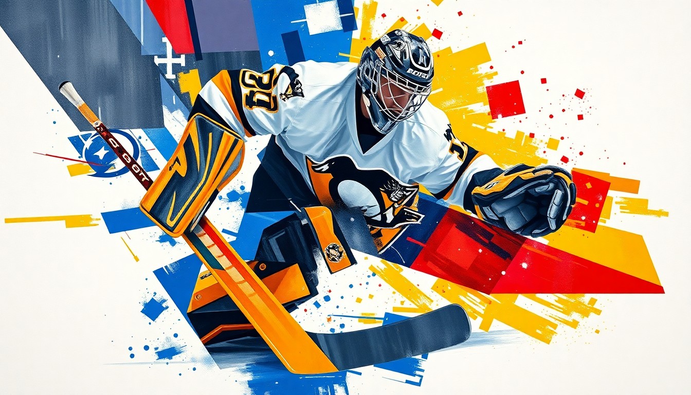 A fragmented, geometric painting depicting a hockey goaltender in action, with sharp planes of color representing the Penguins and Lightning teams' uniforms. The abstract style captures the chaotic nature of the Penguins' goaltending situation as they push for the playoffs.
