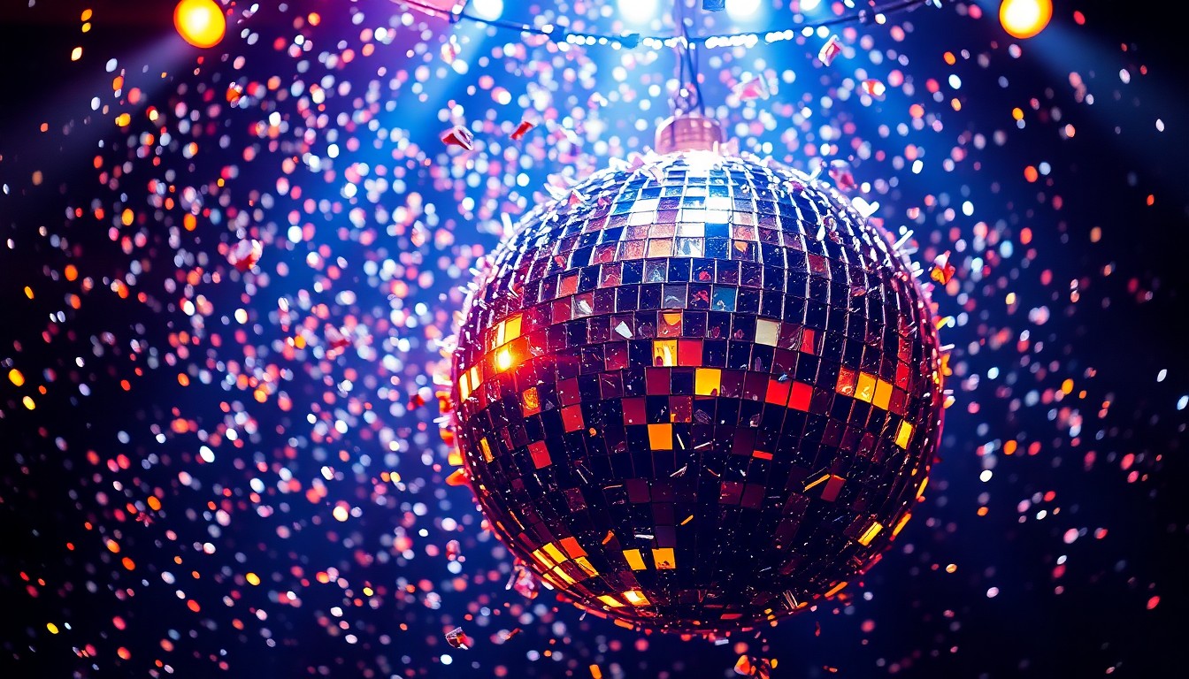 An extreme close-up photograph of shattered disco ball fragments reflecting bright, high-contrast studio lighting, conceptually representing the vibrant energy and glamour of a Jungle concert.