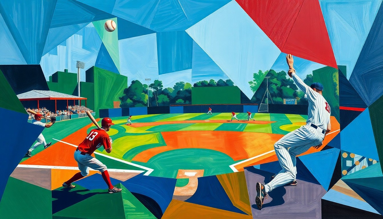 A fragmented, geometric painting in bold colors depicting the motion and action of a high school baseball game, with players and the ball broken down into abstract shapes and planes.