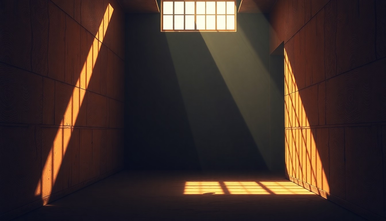 A serene, cinematic painting of an empty prison cell with warm, diagonal sunlight streaming through the bars, conceptually representing the possibility of redemption and a new path forward for incarcerated individuals.