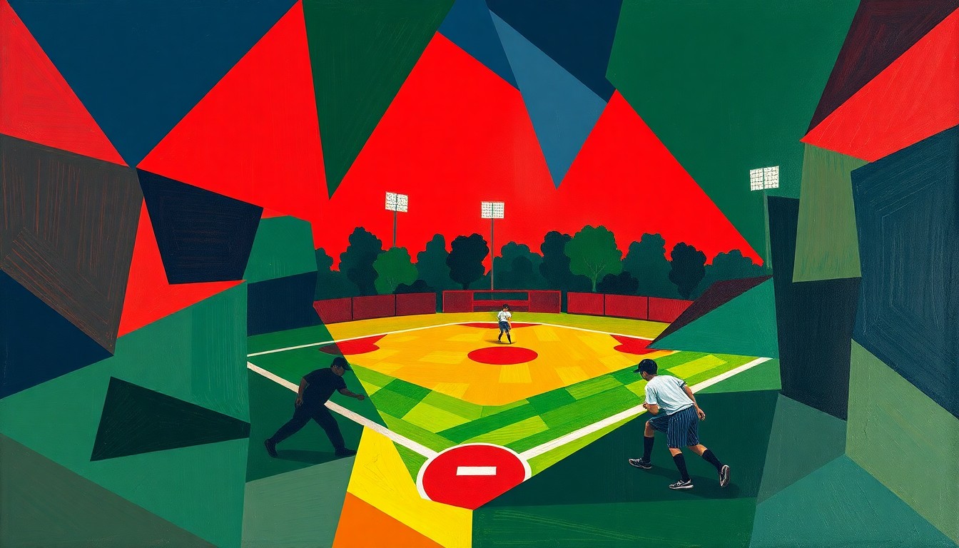 A fragmented, geometric painting in deep red, navy, and green hues, capturing the dynamic action of a high school softball match.