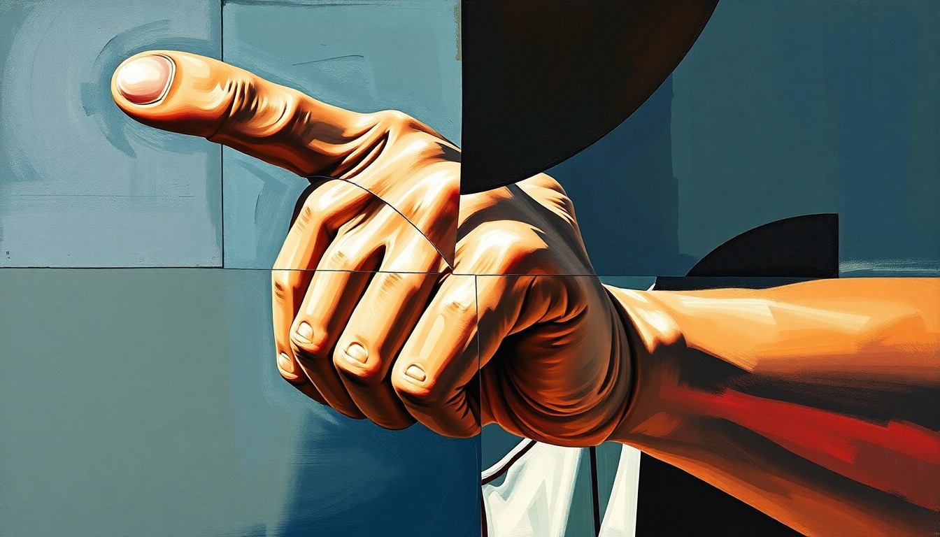 A cubist, geometric painting depicting a baseball player's hand and finger in a fractured, multi-perspective style, symbolizing the sacrifice and determination required to play through injury.