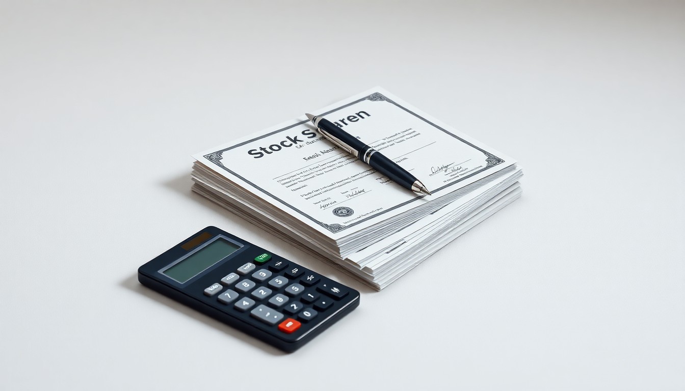 A photorealistic studio still-life featuring a stack of stock certificates, a pen, and a calculator on a clean, monochromatic background, symbolizing corporate finance and talent acquisition.