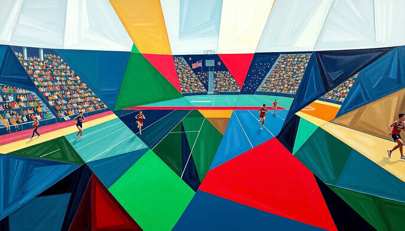 A cubist, geometric painting depicting a high school track and field competition, with sharp overlapping planes of navy, green, and red representing the various elements of the event.