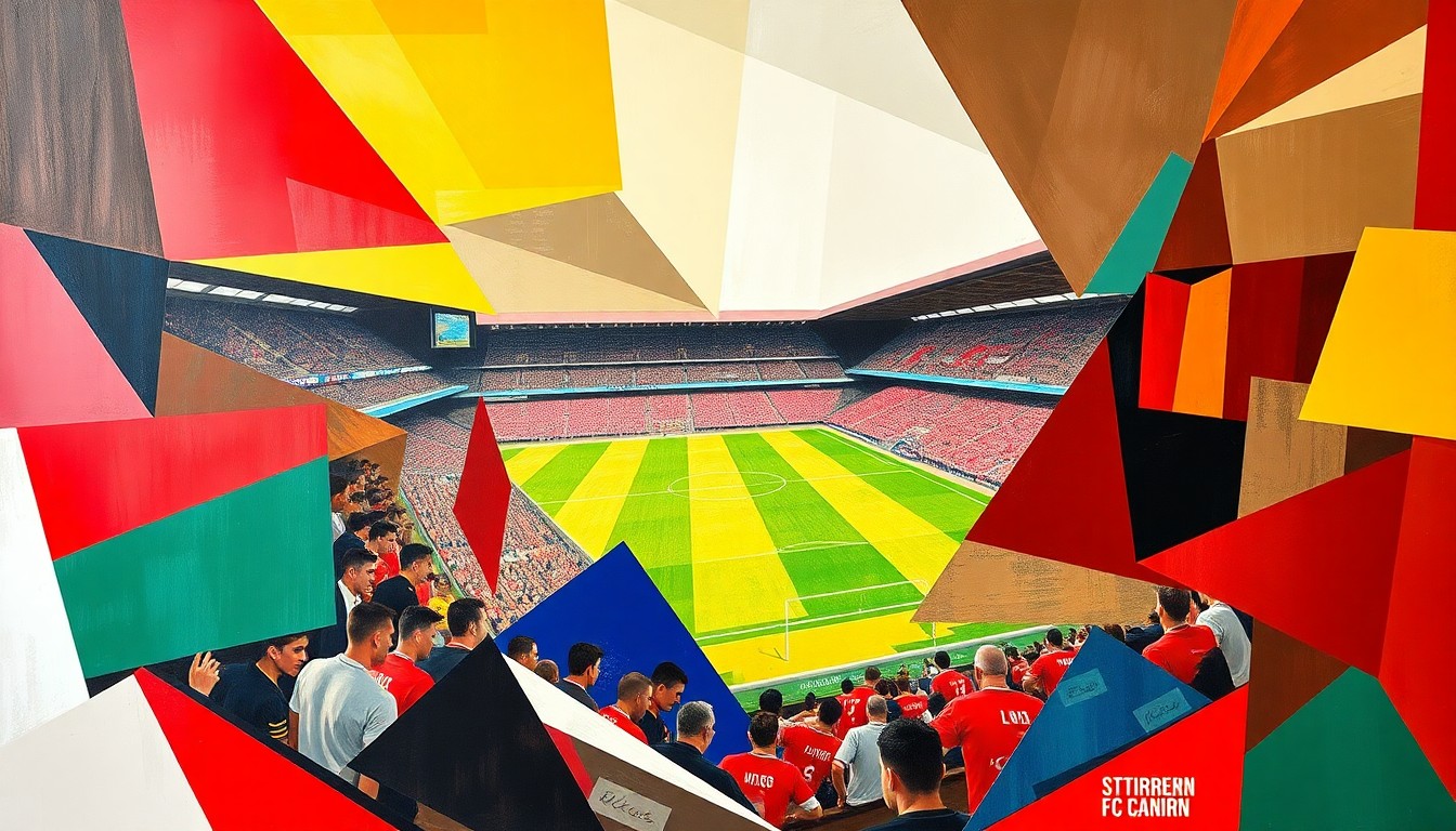 A fragmented, geometric painting in the colors of Aberdeen FC and St Mirren FC, capturing the energy and tension of a Scottish football match through Cubist-style overlapping planes and perspectives.