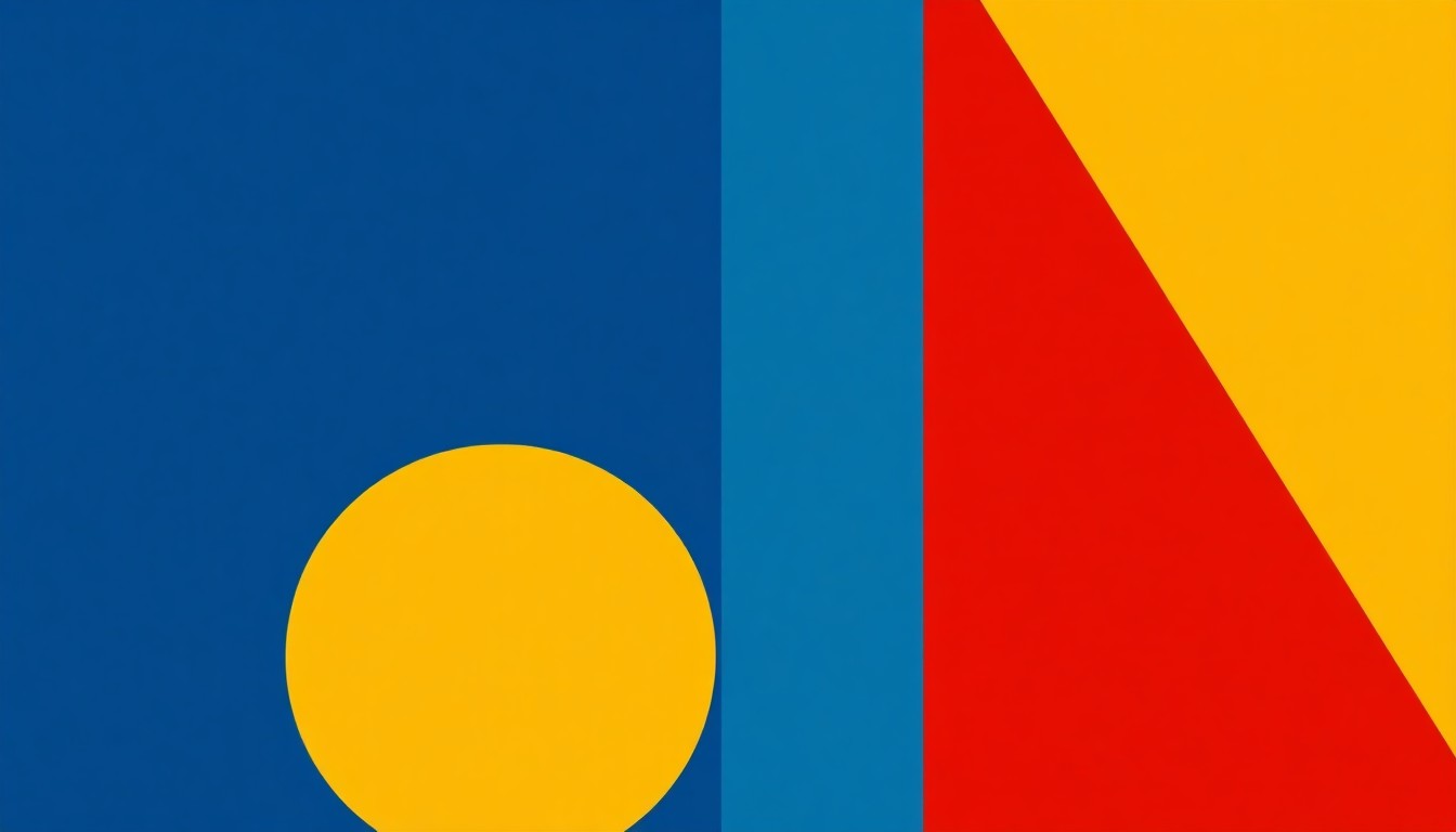 A dynamic abstract composition of overlapping triangles and rectangles in shades of blue, red, and yellow, conceptually representing the complex, interconnected forces of international trade and tariff policies.