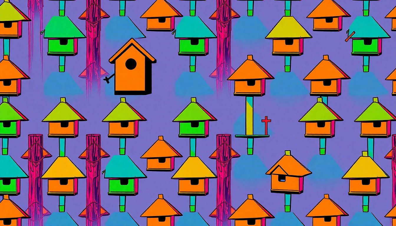A grid of brightly colored, high-contrast silkscreen images of a single wildlife habitat object like a birdhouse or tree sapling, conceptually representing the vibrant community involvement in a conservation project.