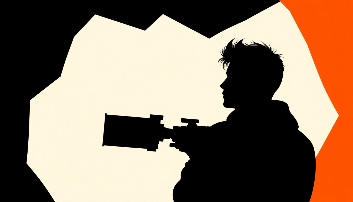 An abstract, minimalist illustration using bold, jagged geometric shapes and high-contrast colors to conceptually represent the creative journey of a young filmmaker.