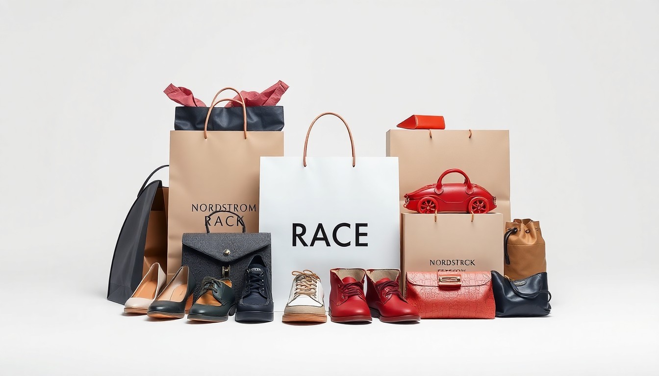 A high-end, photorealistic studio still-life photograph featuring a neatly arranged display of Nordstrom Rack shopping bags, designer shoes, and other premium retail items on a clean, monochromatic background. The objects are lit dramatically to convey a sense of quality, exclusivity, and value.