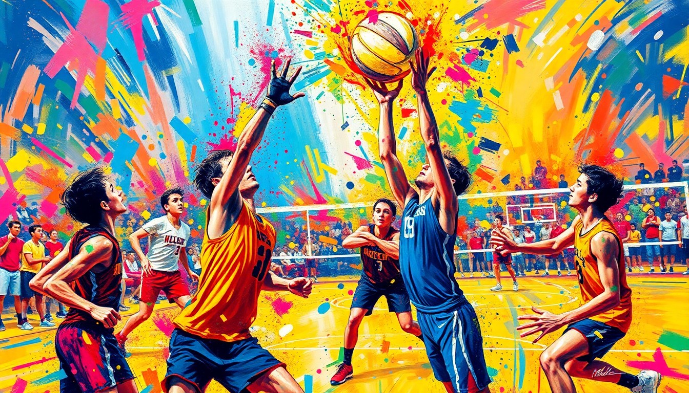 An abstract, expressionist painting in vibrant neon colors, capturing the raw energy and athletic movements of a boys' volleyball match, with players' faces and the court dissolving into unrecognizable splatters of color.