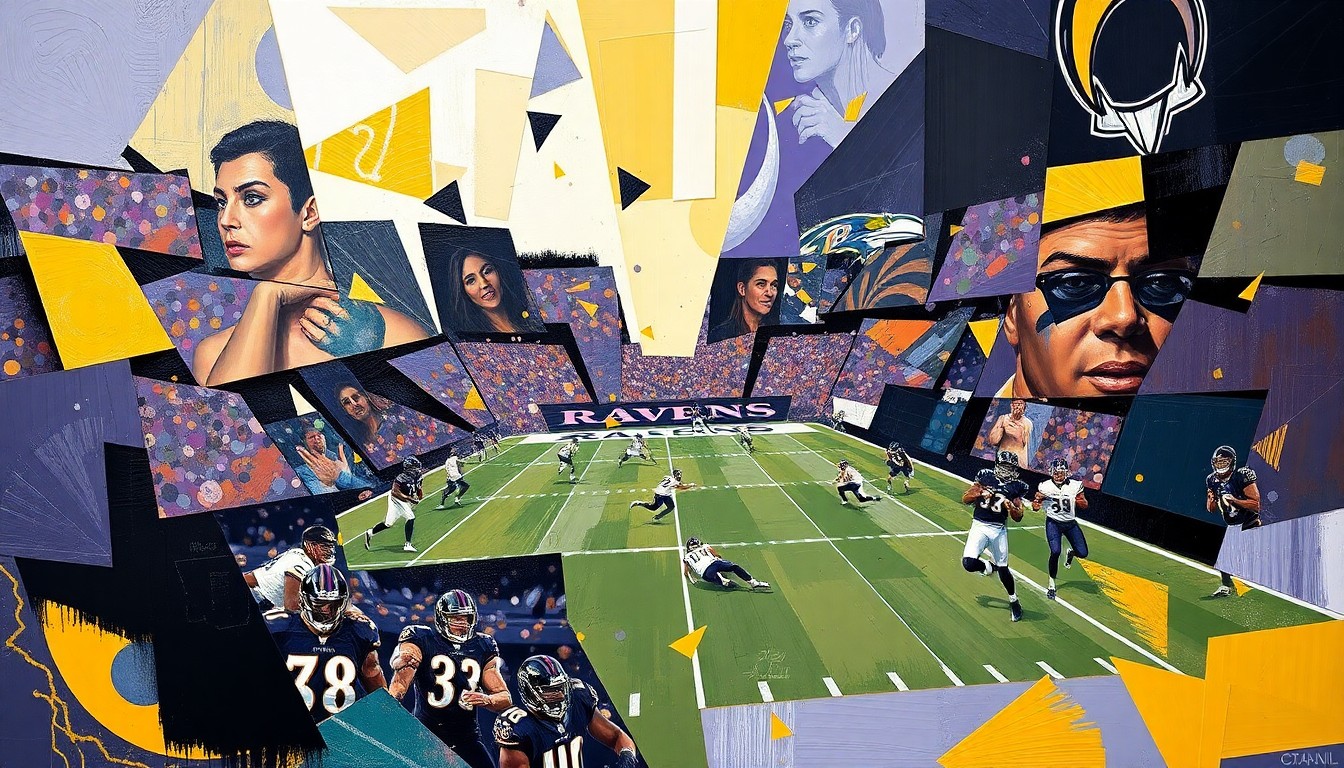 A fragmented, cubist-style painting depicting a football game or match, with sharp geometric shapes and planes in shades of purple, black, and gold, representing the Ravens' dominant safety group.