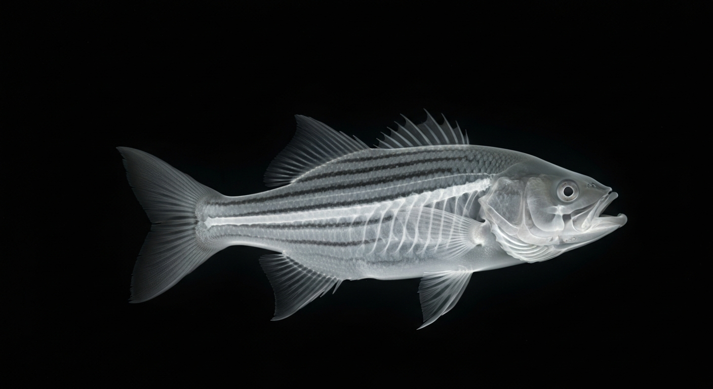 A ghostly, translucent X-ray photograph showing the skeletal structure and internal organs of a striped bass fish swimming through the Hudson River, with its glowing form contrasted against a dark background.