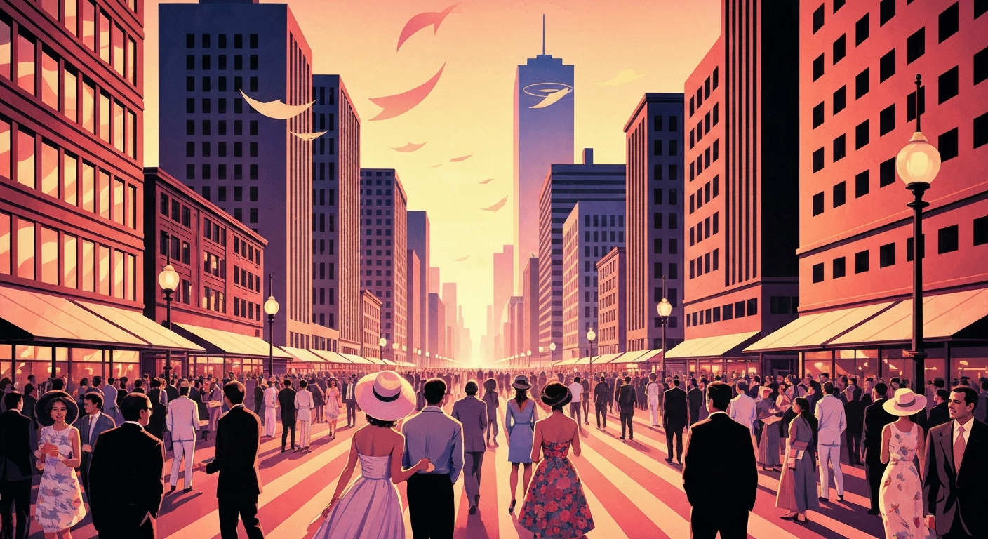 A highly stylized, geometric illustration in the Art Deco style, depicting a bustling urban scene with towering buildings, sweeping curves, and vibrant gradients of warm colors, capturing the celebratory energy of a community event.