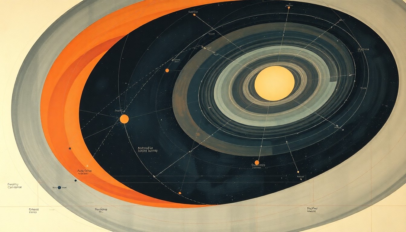 A vibrant abstract painting featuring sweeping geometric shapes and celestial spirals in soft, earthy tones, conveying the majesty and complexity of space travel.