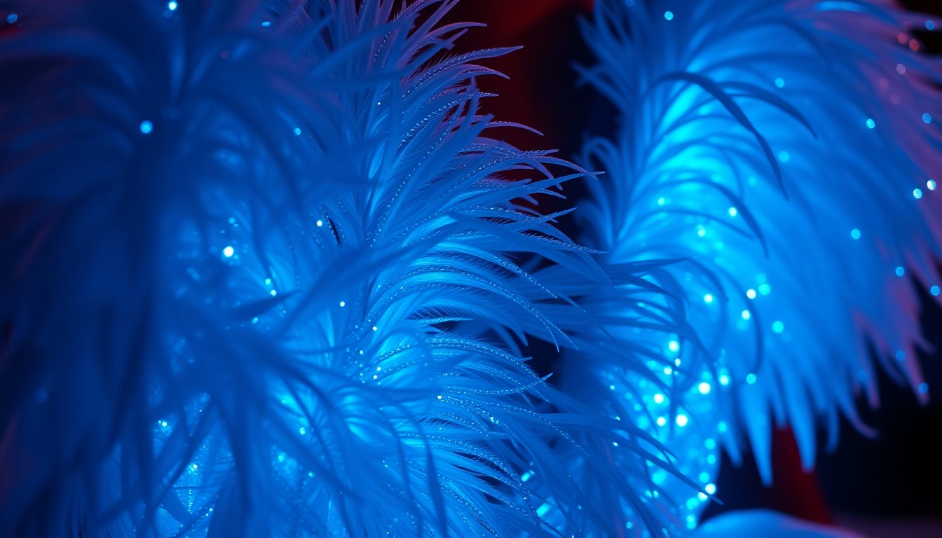 An extreme close-up photograph of the intricate, feathered texture and bioluminescent blue detailing of Zendaya's couture gown, captured in dramatic high-contrast studio lighting to create a glitzy, high-fashion aesthetic.