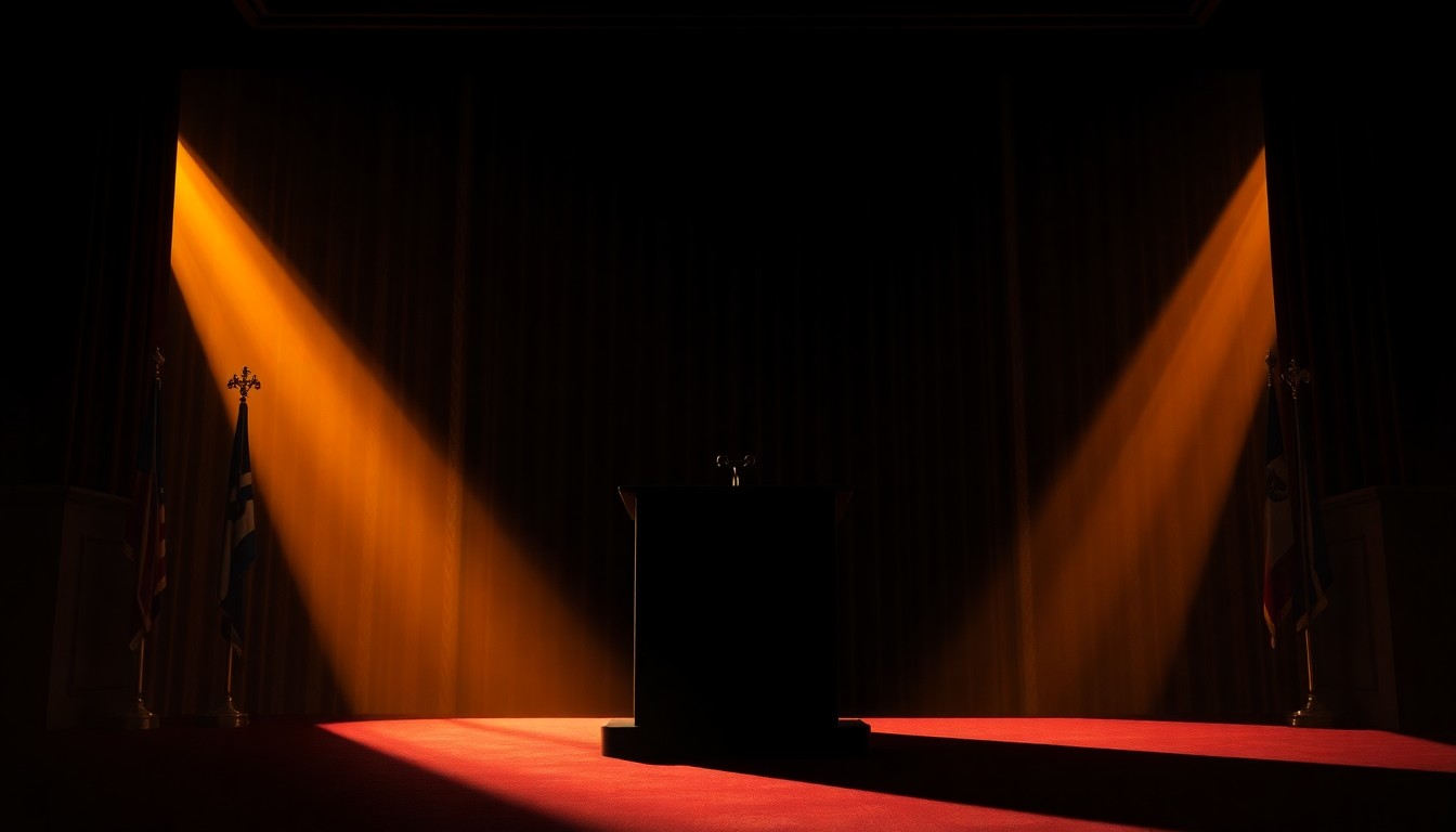 A solitary, empty podium stands in a dimly lit, cinematic political setting, with warm, diagonal sunlight and deep shadows casting an air of contemplation and unease.