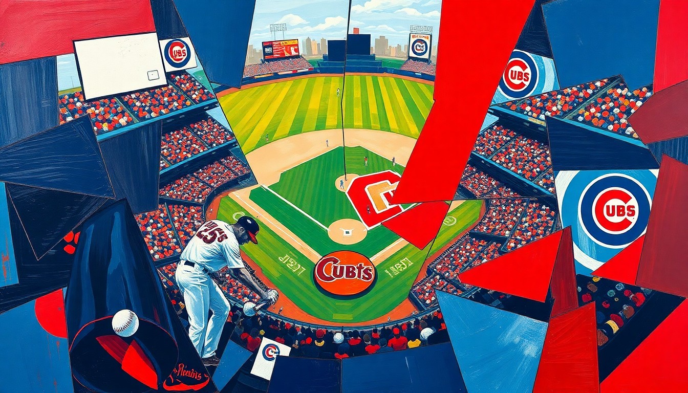 A fragmented, geometric painting depicting a baseball game in motion, with sharp planes of navy, red, and white representing the players and field.