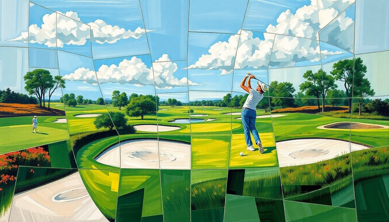 A cubist, geometric painting depicting the various elements of a golf tournament - fairways, sand traps, swinging clubs - broken down into overlapping planes of color and shape.