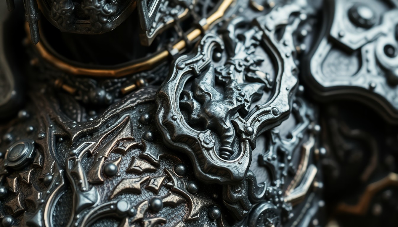 An abstract close-up photograph showcasing the intricate, metallic textures and dramatic lighting of a futuristic costume piece, evoking the visual style and design of the Apocalypse character from the 'X-Men' films.