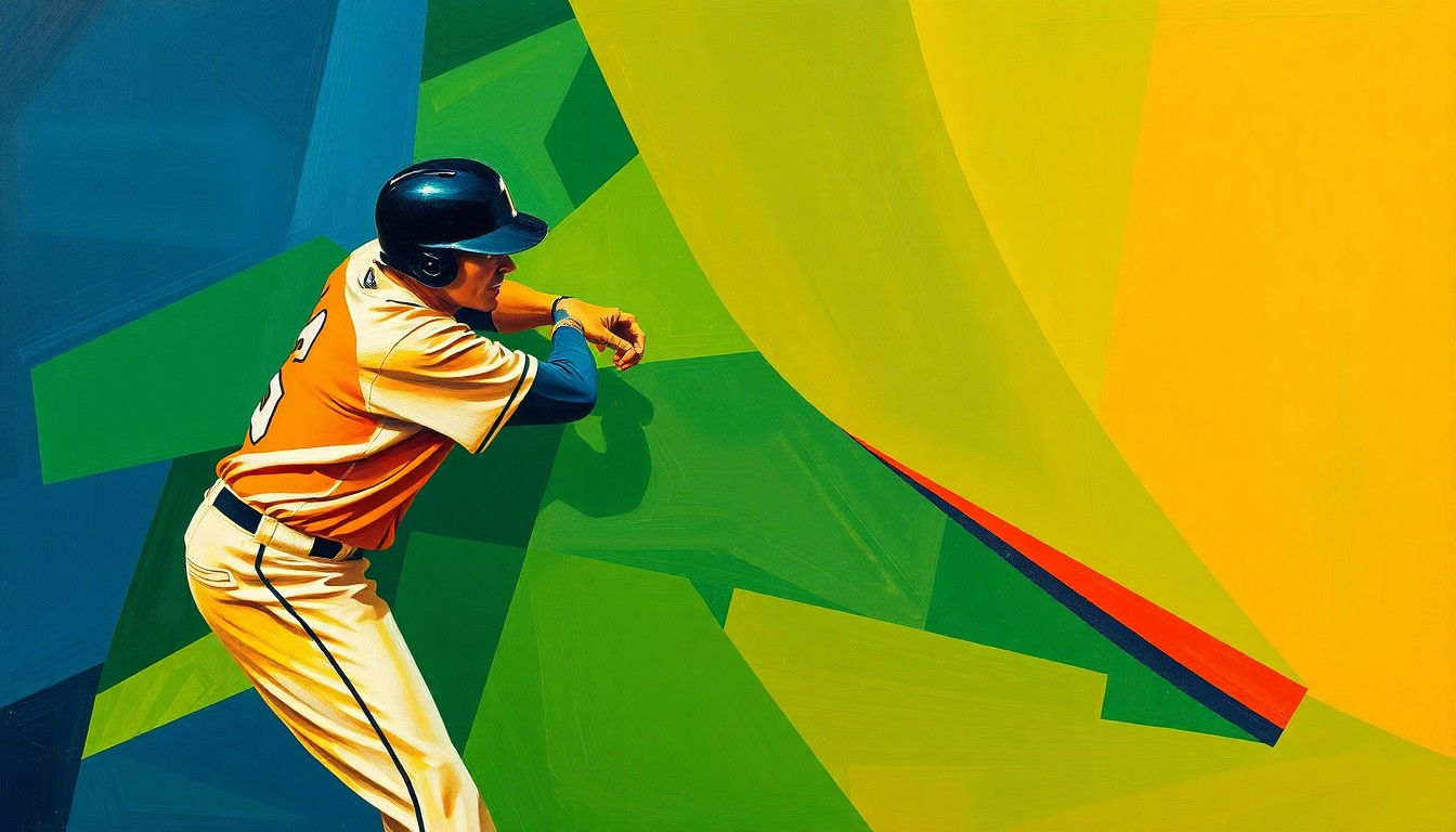 A fractured, geometric painting depicting the motion and force of a baseball player's swing, with sharp planes of color and overlapping perspectives conveying the dynamism of the athletic action.