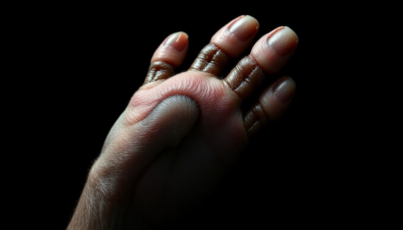 An extreme close-up photograph of a single skinned canine paw against a pitch-black background, lit by a harsh, direct camera flash, conceptually illustrating the disturbing discovery on Guemes Island.